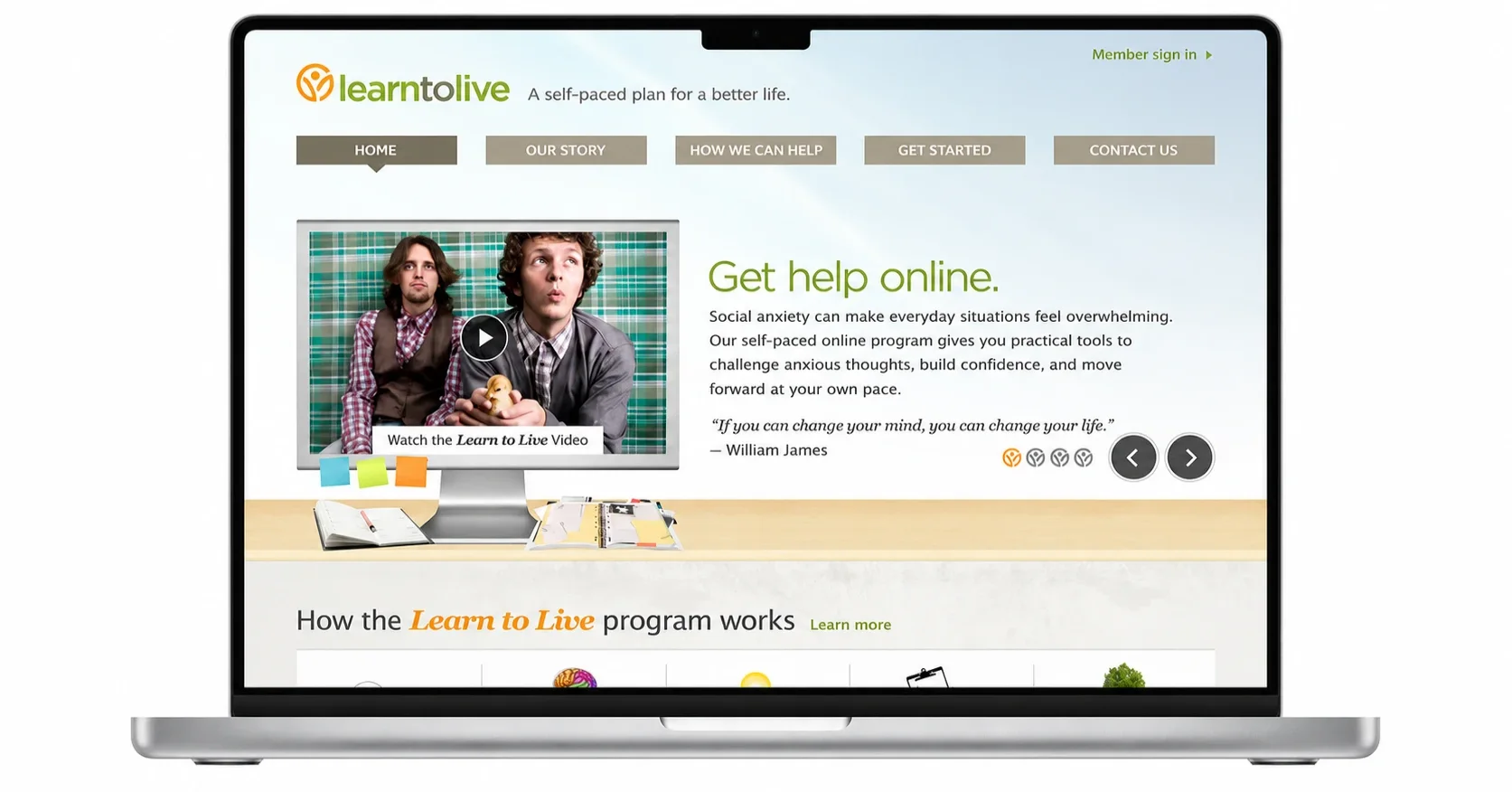 The Learn to Live marketing site on a laptop: the identity applied to a live product, with the logo, the program navigation and the illustrated program steps below.