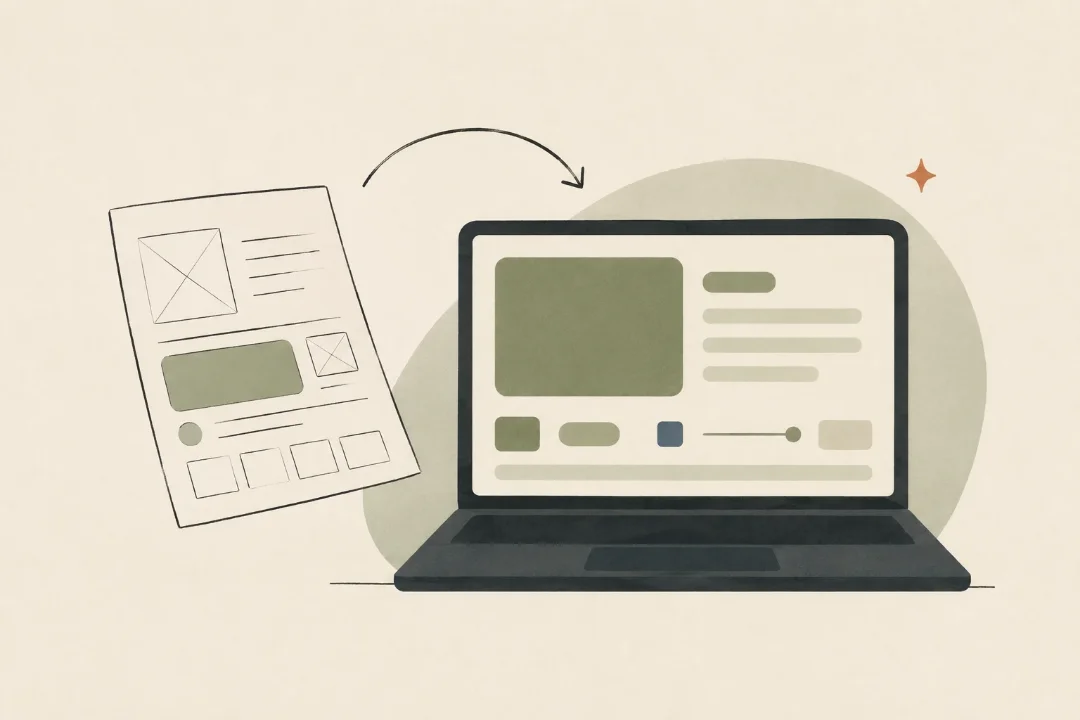 A hand-sketched wireframe spec arcing into an open laptop where the interface has become real, drawn in sage greens