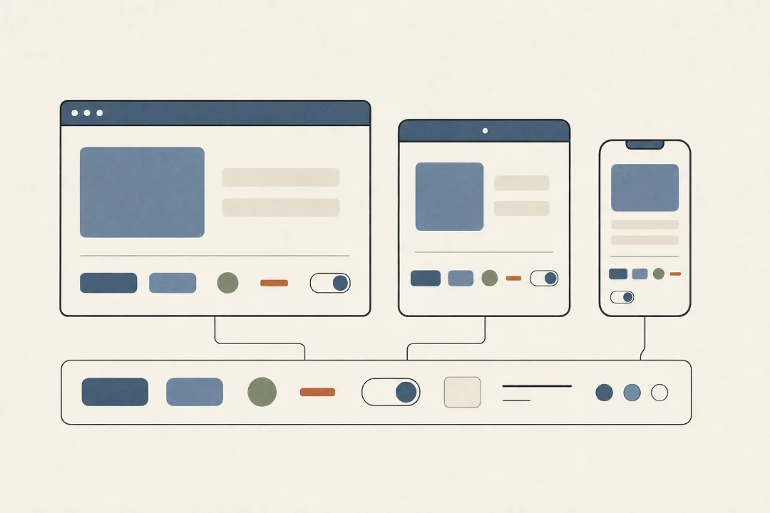 A desktop, tablet and phone screen all wired into one shared component rail below them, drawn in slate blues