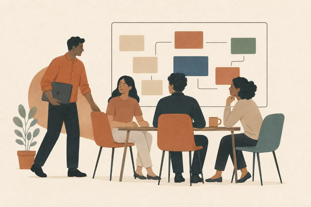 A designer in terracotta arriving with a laptop to join three teammates at a table in front of a planning board