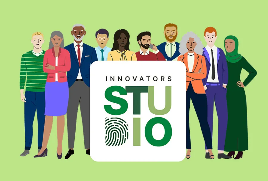 The Innovators Studio identity: a fingerprint logo mark in greens surrounded by a crowd of illustrated people.
