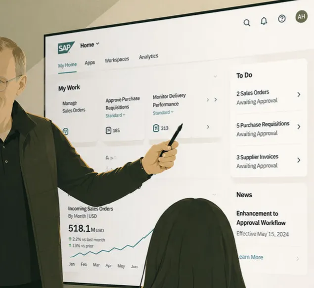 An SAP Fiori work dashboard: My Work tiles, a to-do rail and an incoming sales orders chart, all built from shared components.
