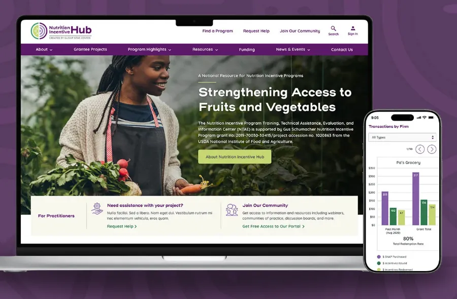 The Nutrition Incentive Hub on a laptop and phone: a program-finder site with a transactions-by-firm chart on the mobile screen.