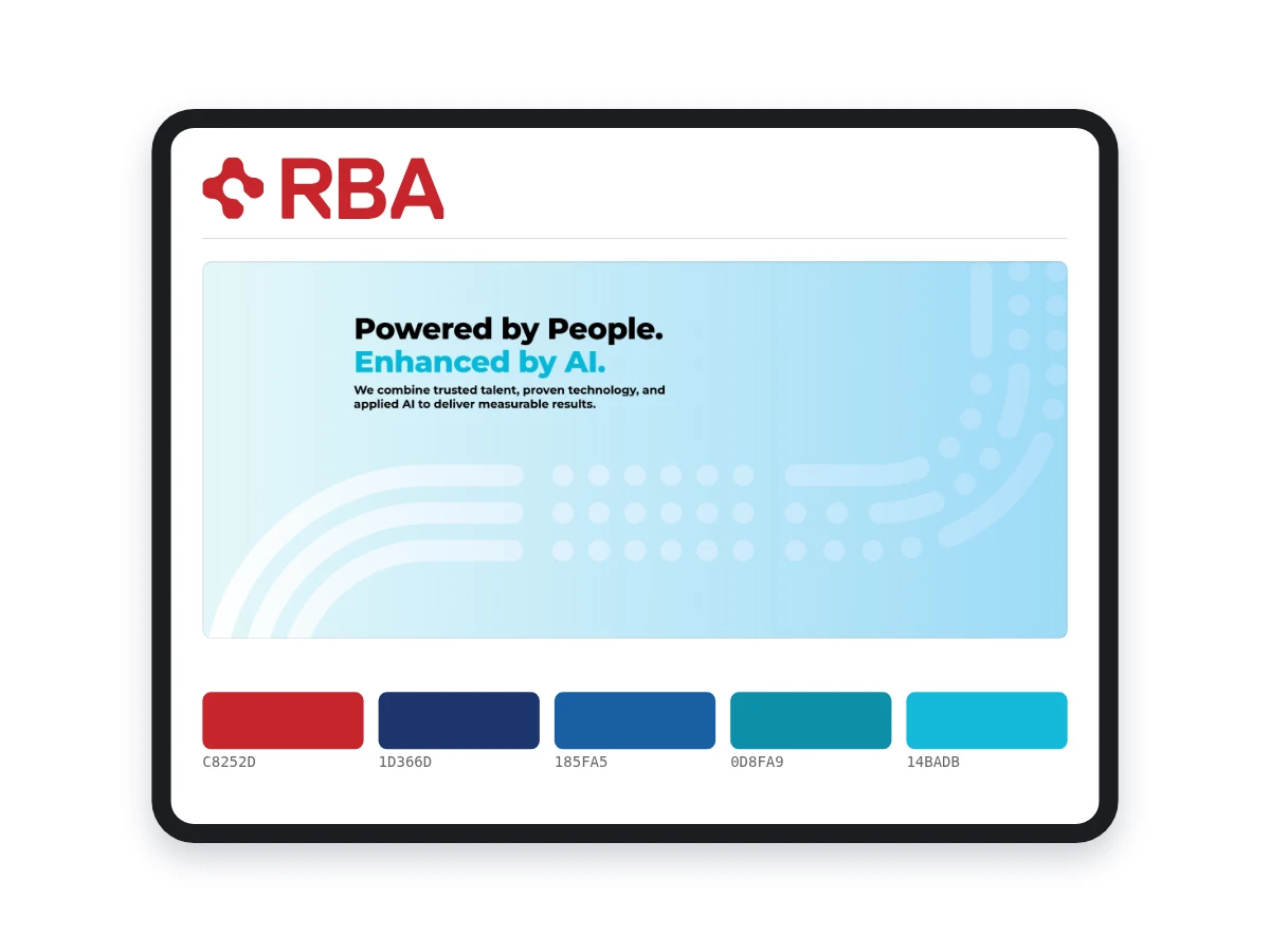 A landscape tablet showing the Connect design system: the red RBA mark at masthead size above a hairline rule, then the RBA site&rsquo;s hero, a pale blue panel reading Powered by People, Enhanced by AI over the brand&rsquo;s rounded dot-and-track pattern. The five core brand colours and their hex values run in a row beneath it.