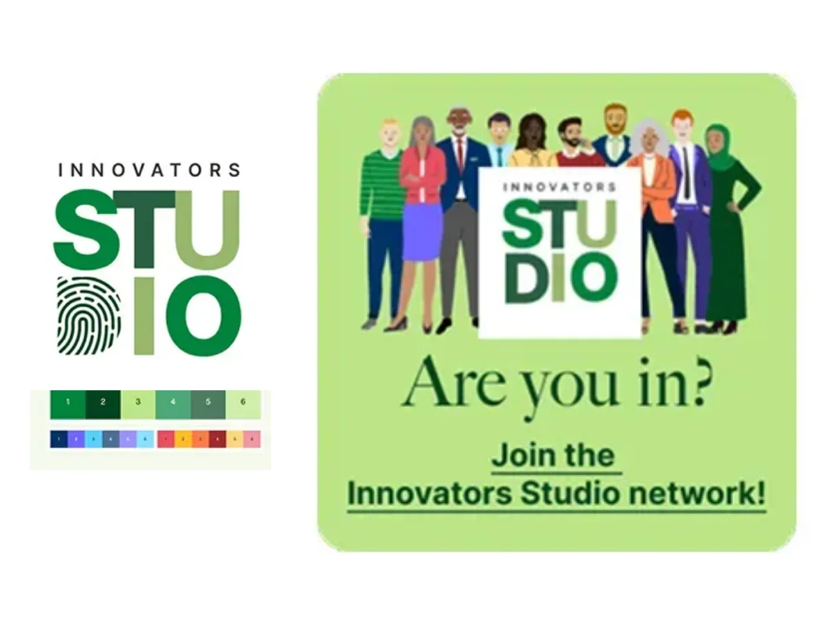 The Innovators Studio identity system: the STUDIO logo lockup with its fingerprint mark, the brand palette, and a network invitation card with illustrated people.