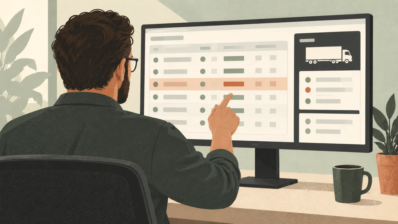 An illustration of a dispatcher reaching into a fleet table on a large monitor and selecting a row directly, with a smaller recommendation card sitting beside the table rather than over it.