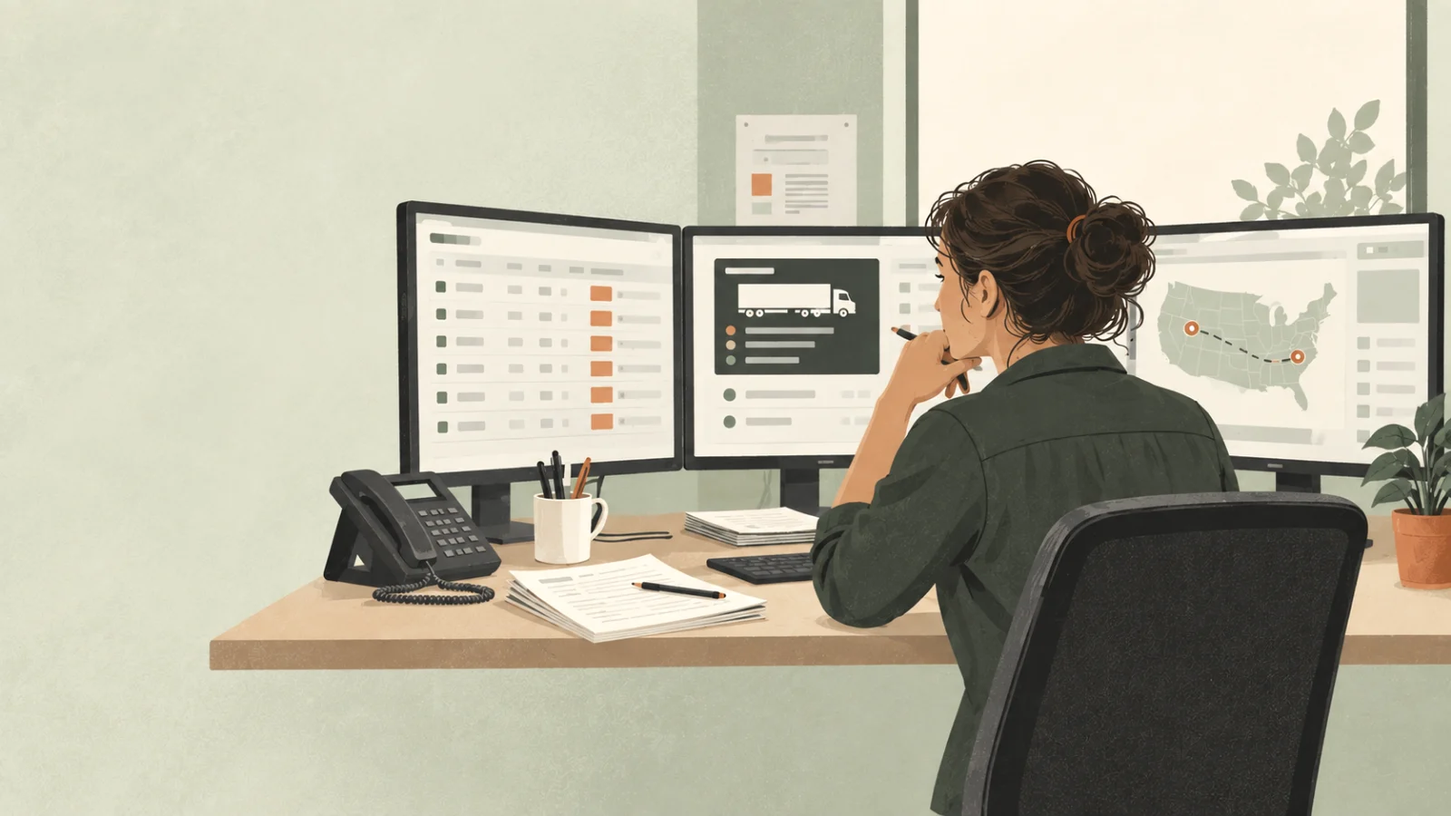 An illustration of a dispatcher at a desk with three monitors, a desk phone and a stack of delivery paperwork, considering a load board, a recommendation panel and a route map.