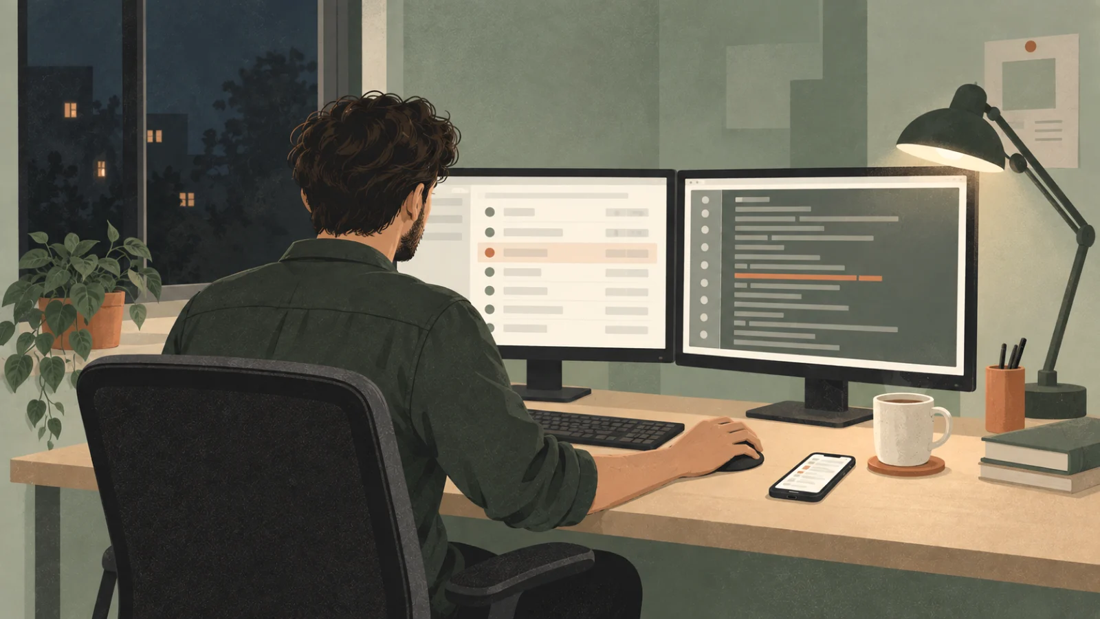 An illustration of a developer at a desk late at night with two monitors, one showing a list of services and one a scrolling log, a phone lit up beside the keyboard and a mug gone cold.