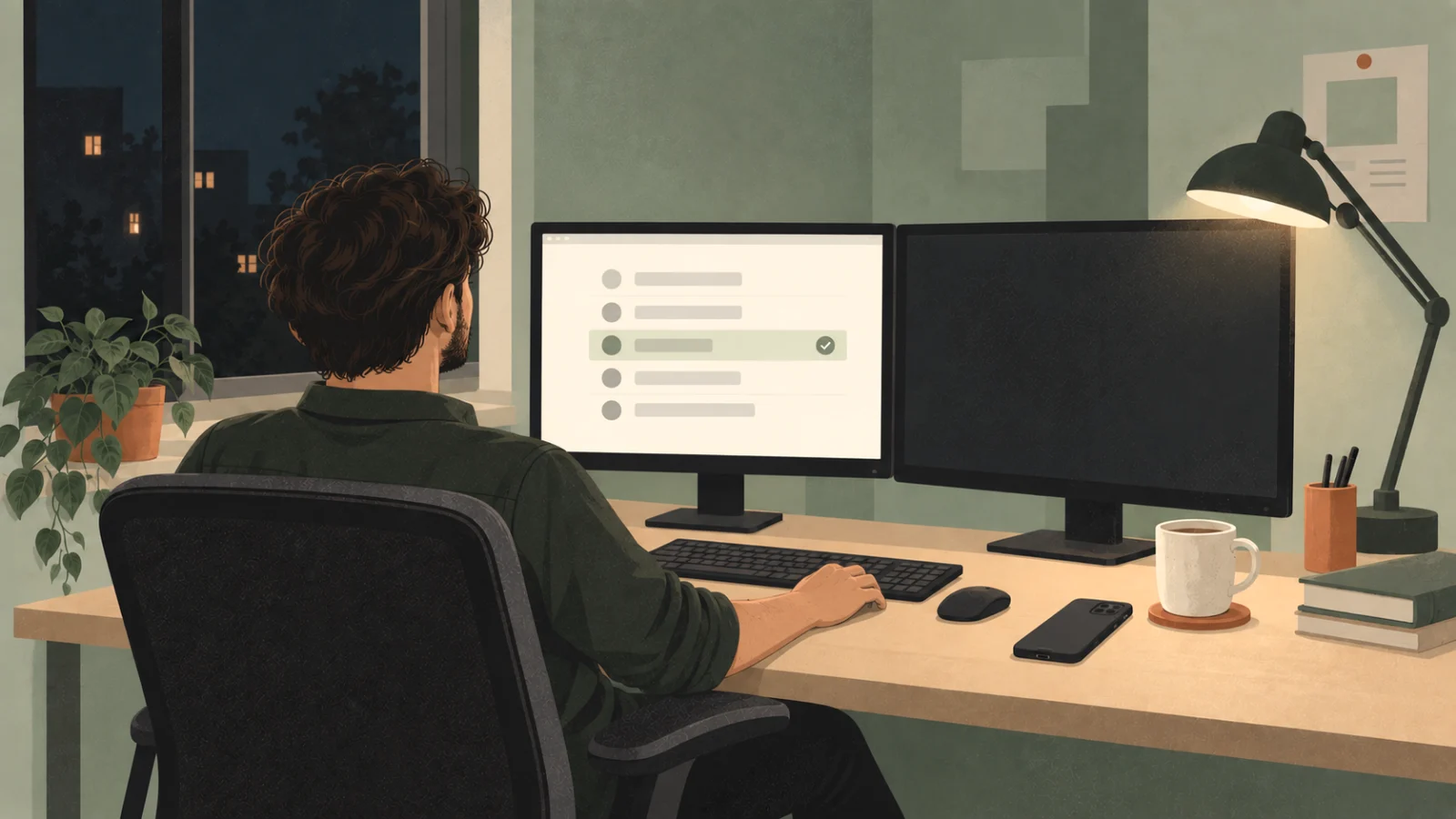 An illustration of a developer at a desk pressing one key with a calm expression, the monitor showing a short list of services with one row highlighted, the lamp on and the phone face down.