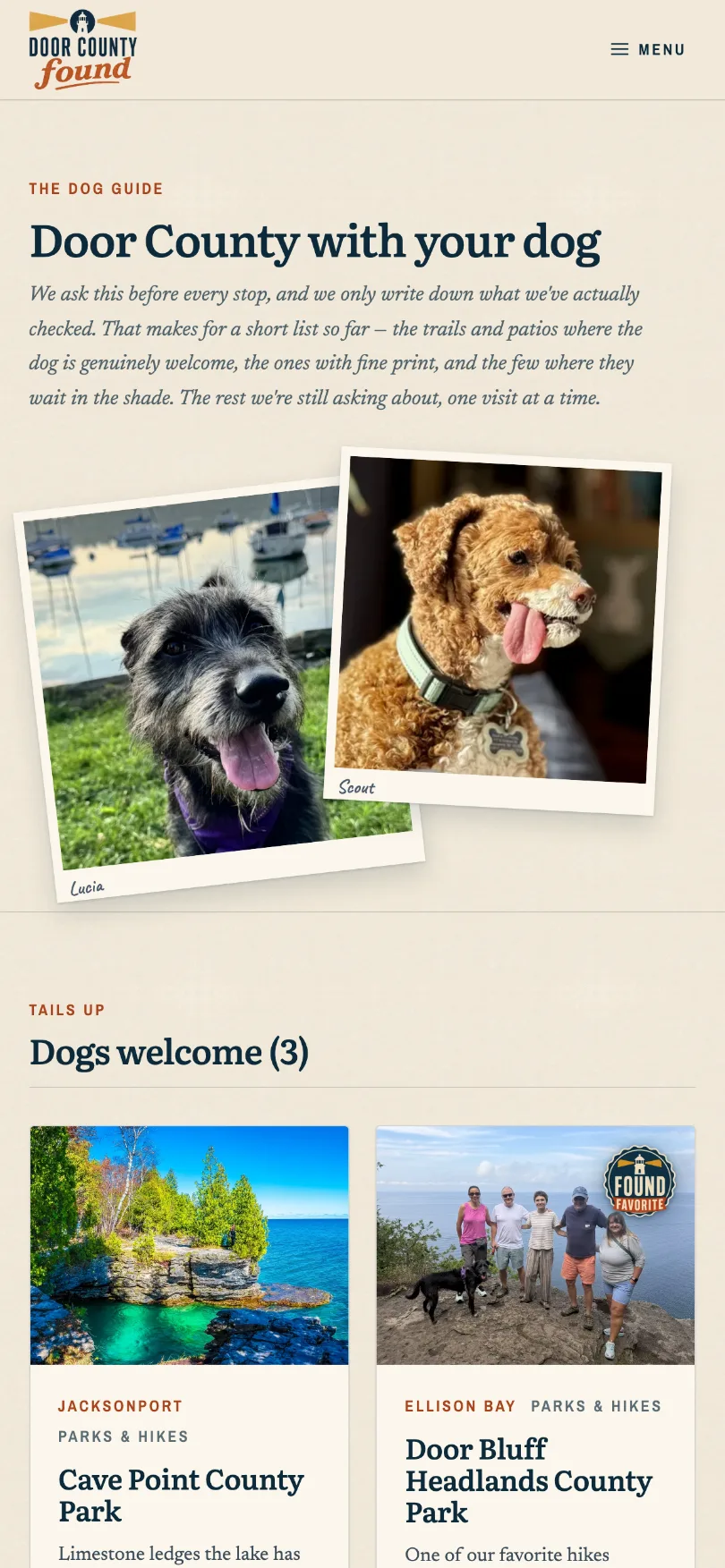 The dog guide on a phone: the headline Door County with your dog, a paragraph on how the list is checked, two polaroids of dogs named Lucia and Scout, and the start of the Dogs welcome list beneath them.