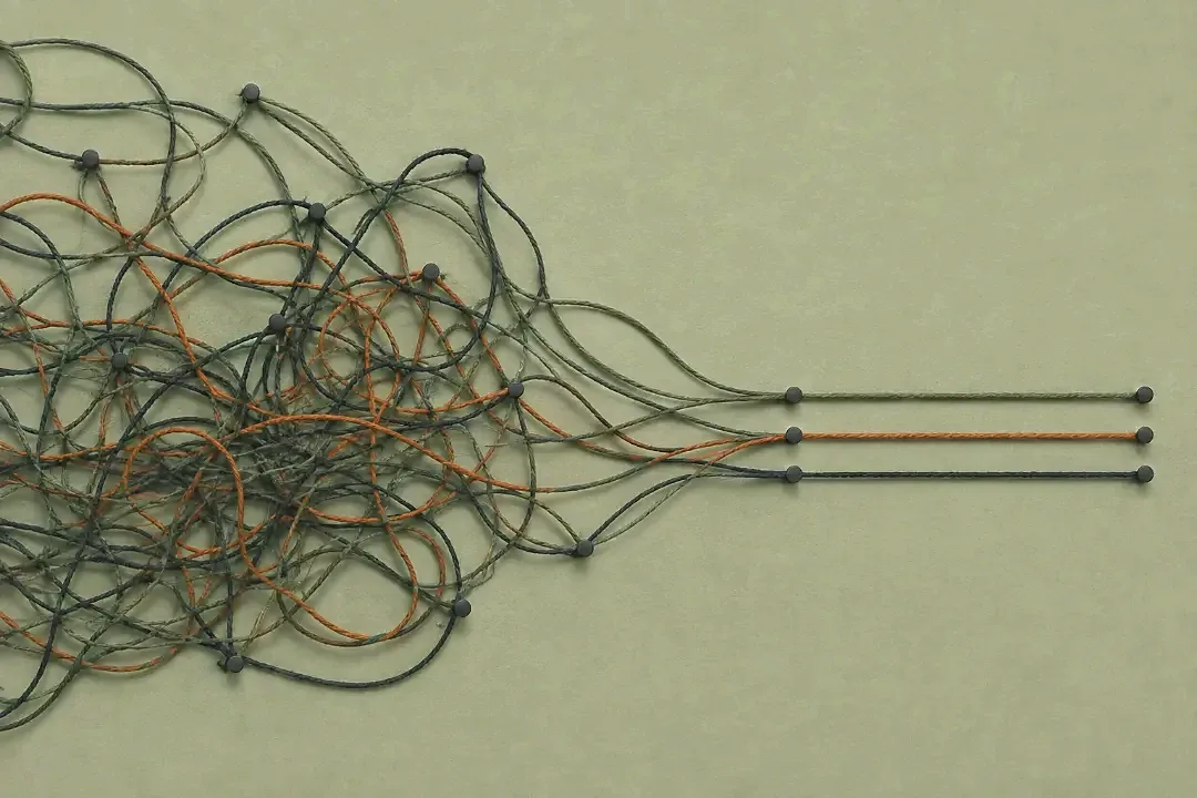 A dense tangle of pinned cords crossing and doubling back on the left, gathering to the right into three clean parallel lines, one of them terracotta