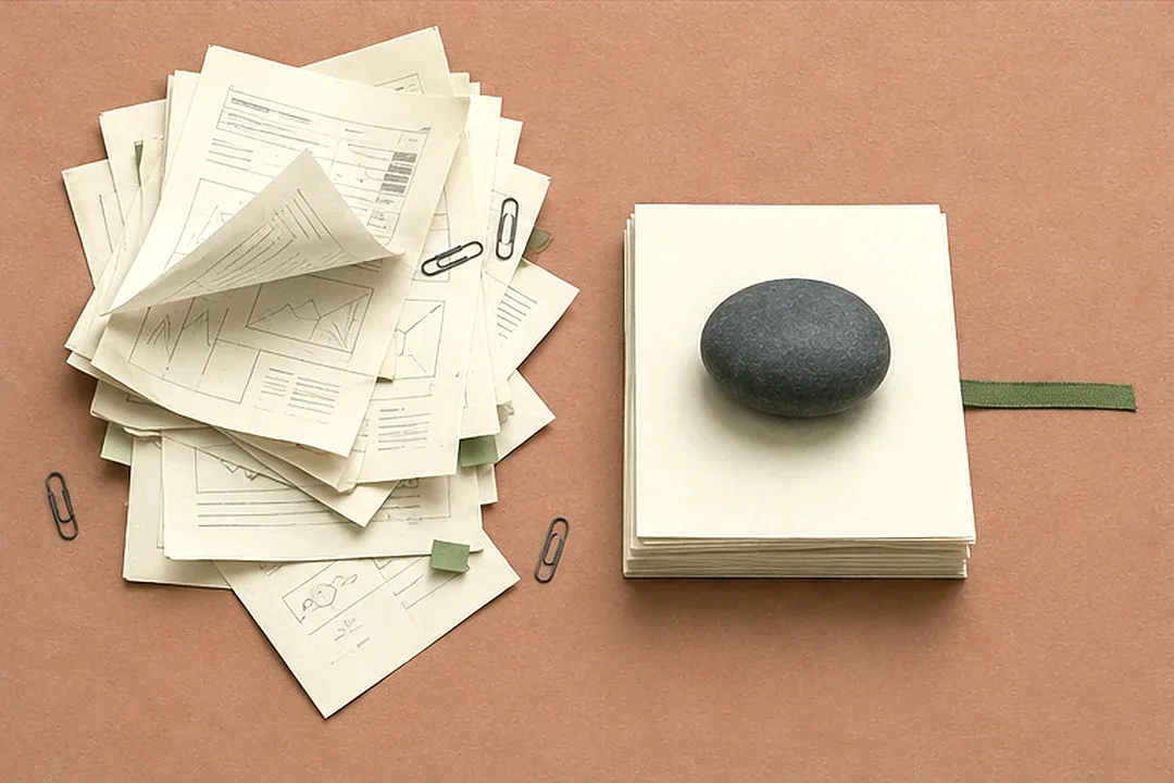 A spill of curling, unclaimed pages with paper clips and sage tabs on a clay-colored surface, beside the same pages squared into a neat stack under one smooth gray stone paperweight with a sage ribbon running out from under it