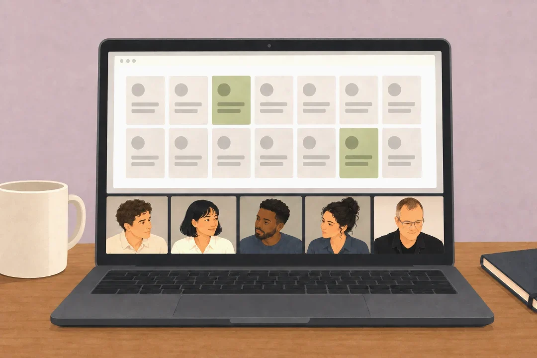 A laptop showing a shared screen on a call: fourteen cards in two rows with two of them marked, and a strip of five call tiles along the bottom, Adam at the end.