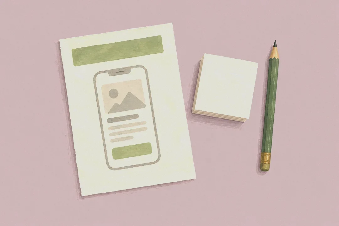 Seen from above: a single one-page brief with a sketched phone screen and one boxed heading, beside a squared stack of index cards turned face down.