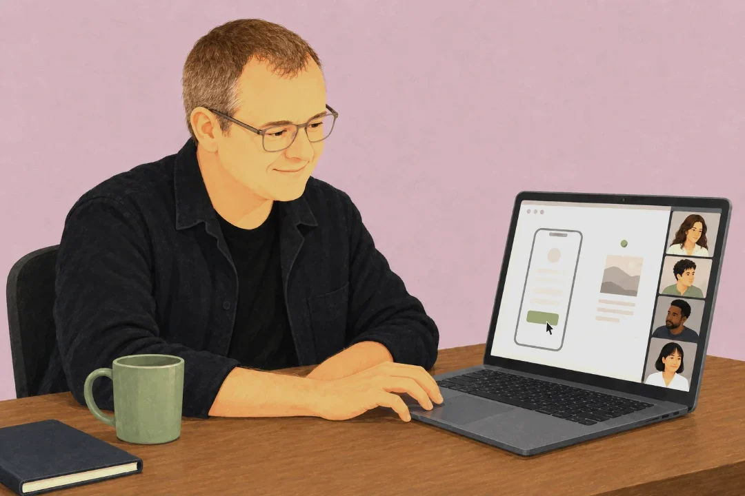 Adam at his desk in three-quarter profile, sharing his screen on a call: the laptop shows a phone-shaped app frame with the cursor on one green button, a scanned page beside it, and four small call tiles down the edge of the screen.
