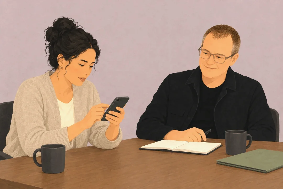 A woman in a cardigan using the working thing on a phone at a table while Adam sits across the corner from her, notebook open, watching her rather than the phone.