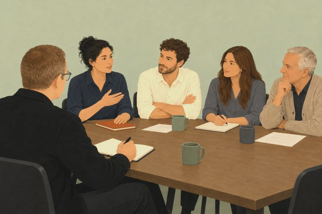Adam at the end of a meeting table with a notebook open, listening to four people from different parts of the company, one of them mid-sentence.