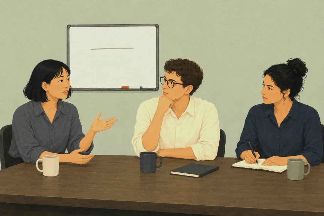 Three teammates at a table, one of them speaking with a hand toward the whiteboard behind them, which carries a single line.
