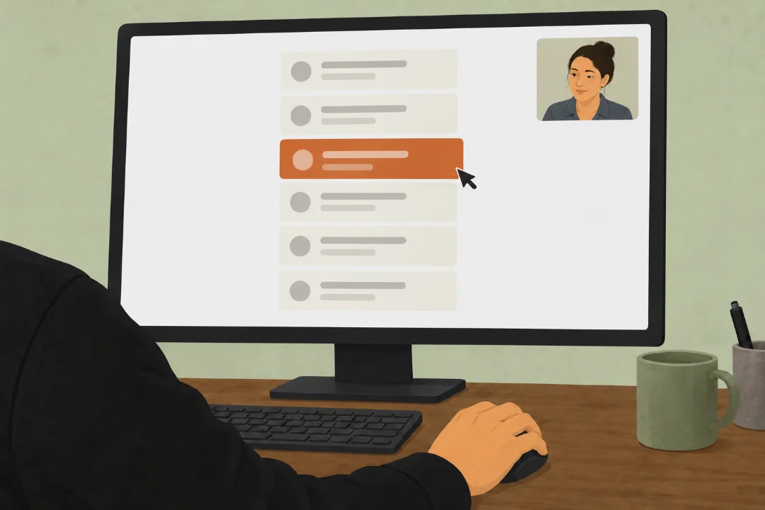 Over a shoulder at a monitor: a column of six cards with one pulled out of line under the cursor, a hand on the mouse, a teammate in a small call thumbnail.
