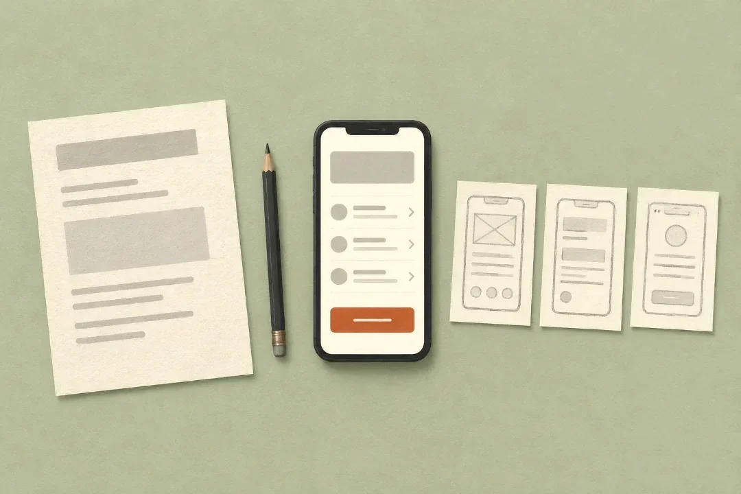 Seen from above: a phone showing a rough tap-through prototype, a printed one-page sheet, a pencil and three small sketched screens on cards.