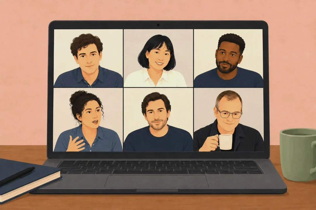 A laptop showing a six-tile video standup, one teammate mid-sentence, Adam in the bottom-right tile with a coffee.
