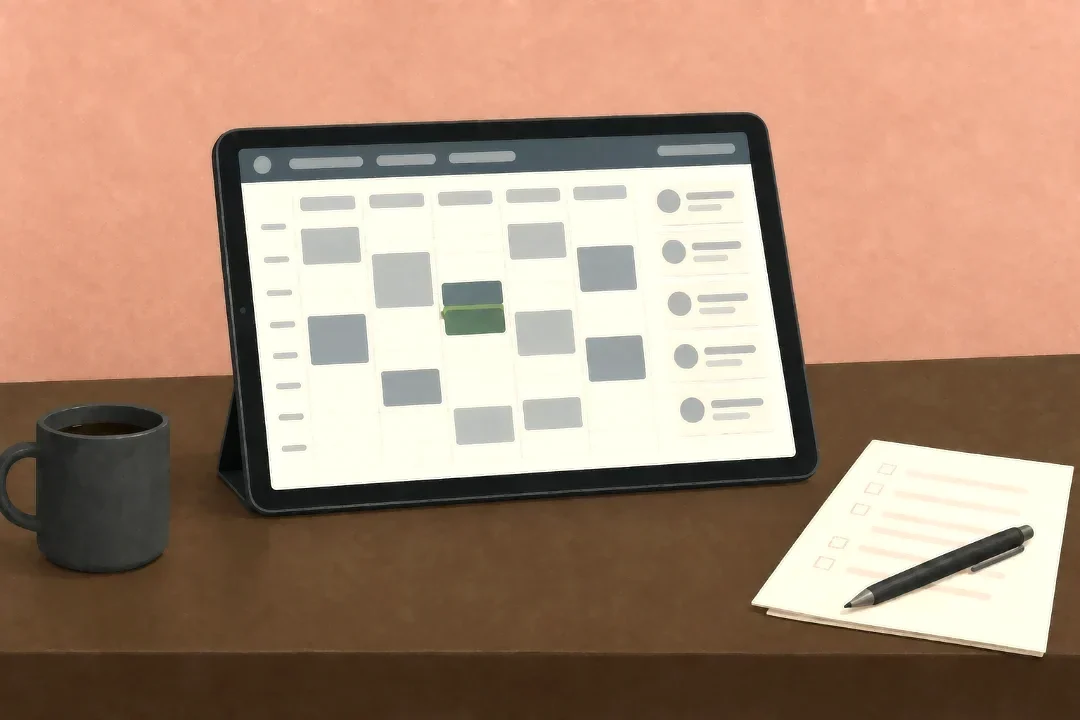 A tablet on a stand showing the clinic scheduler: a full week of appointment blocks with one overlap marked in sage, a column of patient cards, and a printed list of edge cases with checkboxes beside it.