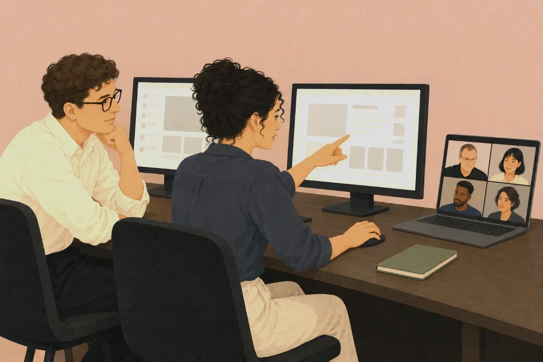 Two of the team's designers at their monitors, one pointing at a component and explaining it to the other, with Adam on a laptop video call at the end of the desk.