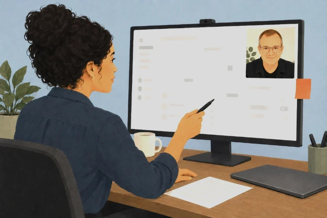One of their designers at her desk on a one-to-one call with Adam, pointing a pen at a screen crowded with near-duplicate widgets.