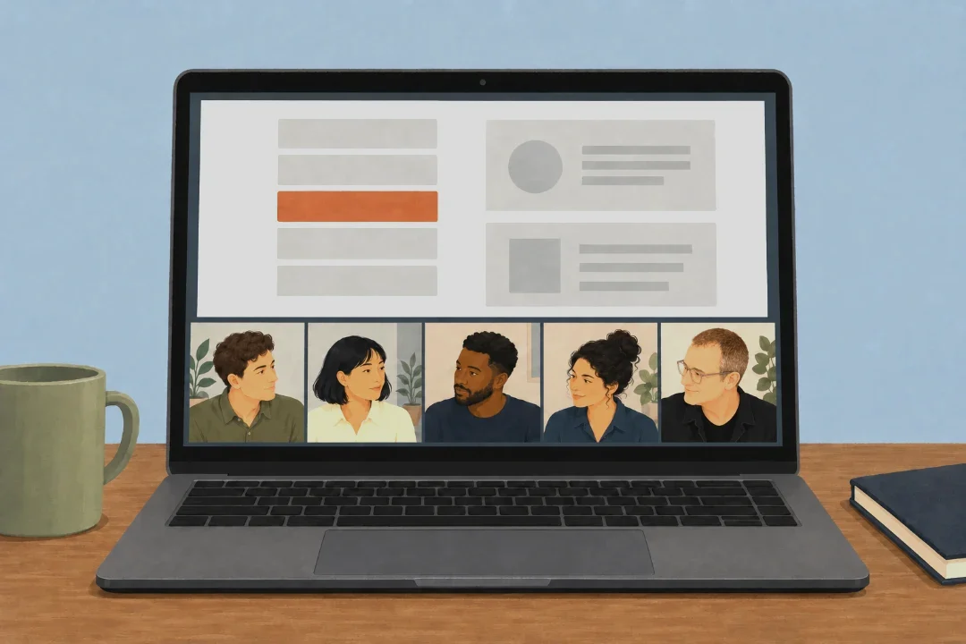 A laptop showing a shared screen on a call: two columns of component blocks, shared and local, with a strip of five call tiles along the bottom, Adam at the end.
