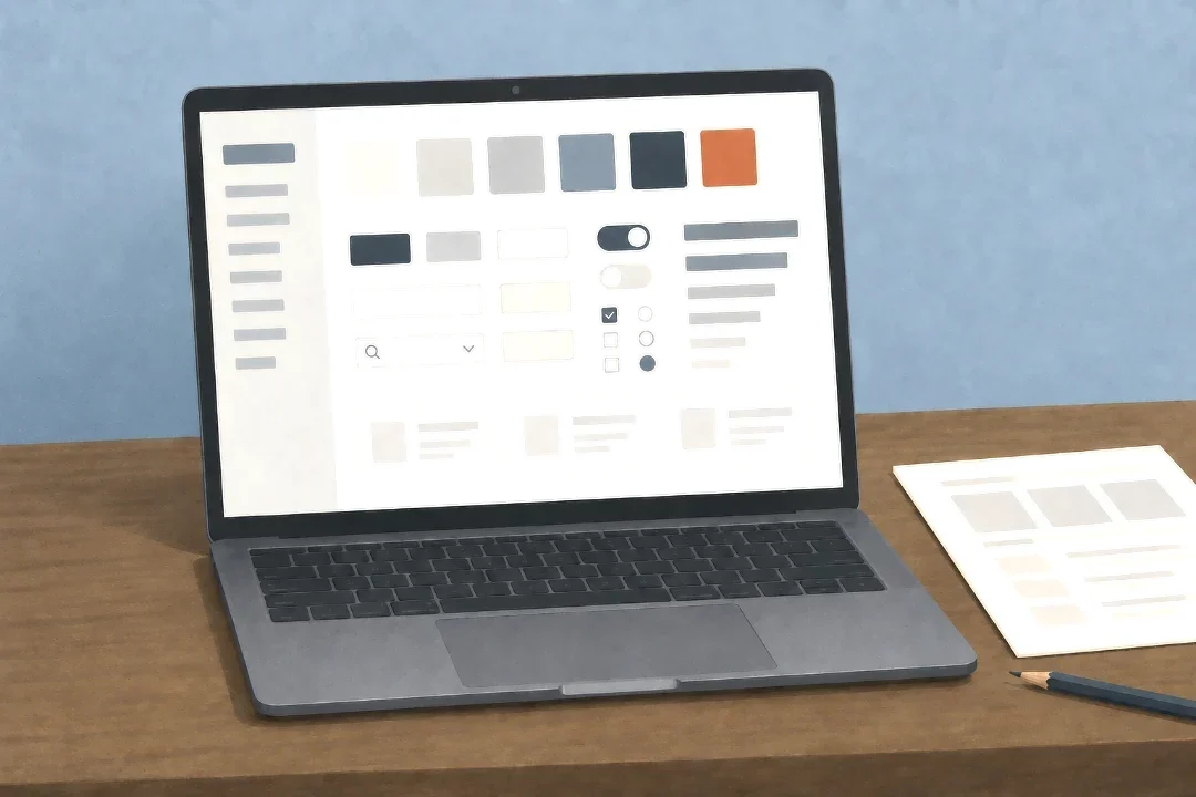 A laptop screen showing the component library: rows of buttons, inputs and cards, a row of color swatches with one terracotta, and a type scale, with a printed spec sheet beside it.