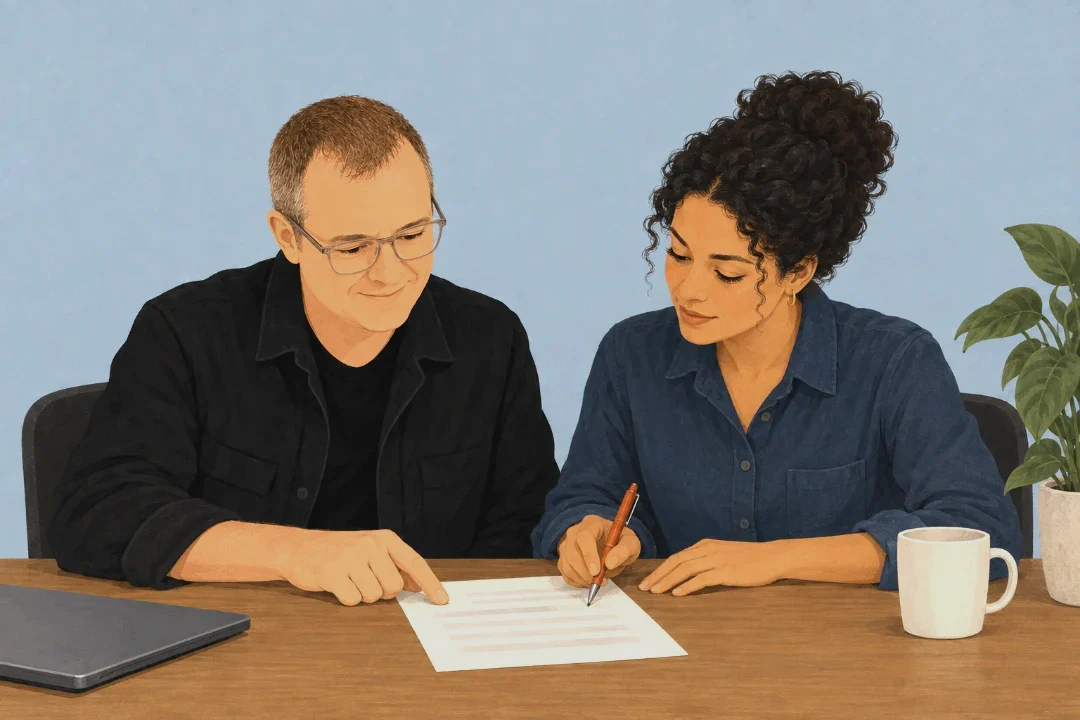 Adam sitting beside one of their designers at a table, a single printed page of rules between them, his finger resting on one line and her pen on another.