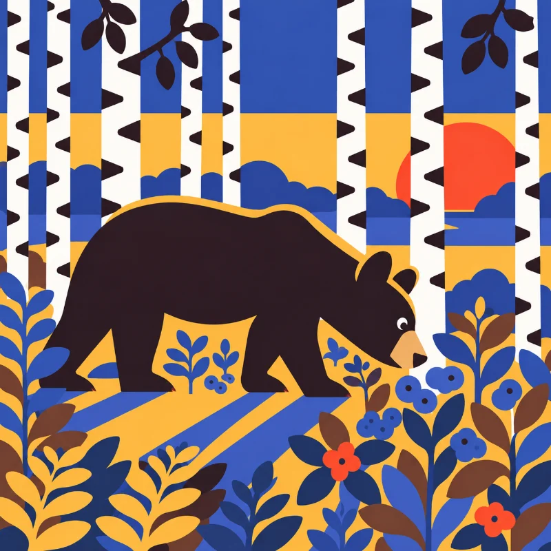 The final bear in full color, walking on four legs with short bear paws, its plants and birch marks widened.