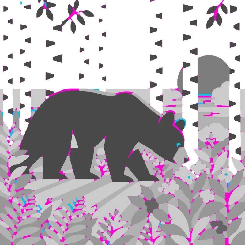 The bear in gray with every place too thin to print at six inches marked in magenta, mostly in the plants and the birch marks.