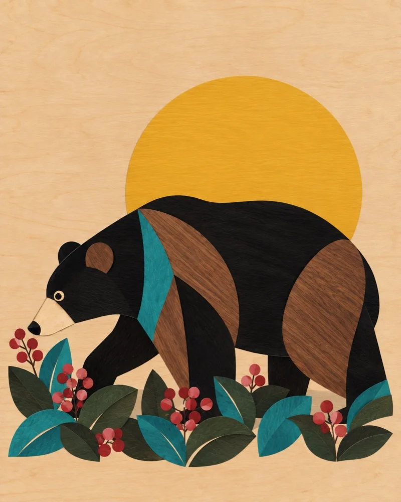 The first concept: a dark bear made of wood-grain pieces, head down at red berries, under a huge yellow sun on a pale wood ground.