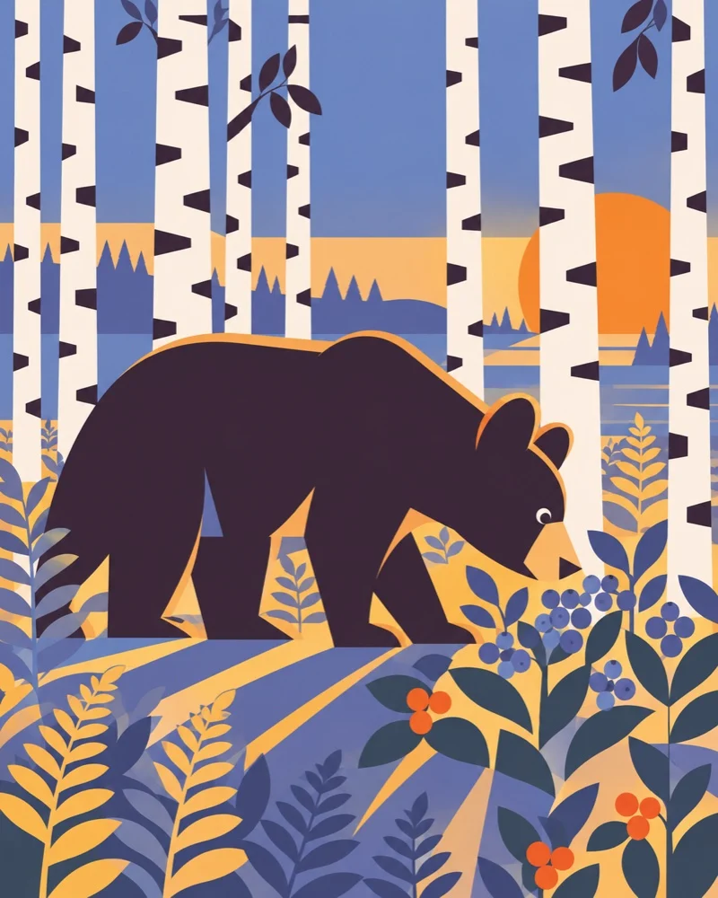Golden hour: the bear in aubergine among birch trunks and blue and amber plants, a low orange sun behind it.