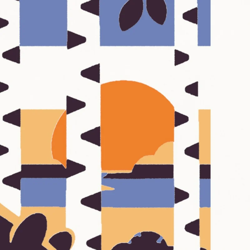 A close-up of the sun between two birch trunks, every shape one flat ink with a clean edge.