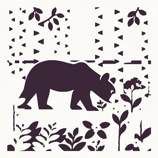 The deep screen alone: the bear and the dark marks on the birch bark in aubergine.