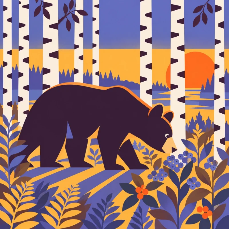 Take one: the square bear among birches and berries, its sky softly blurred and small triangle trees along the far shore.
