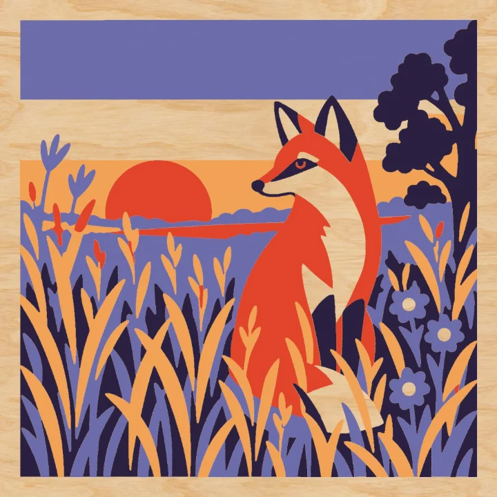 The same print on a Baltic birch panel, the bare wood showing wherever no ink lands.