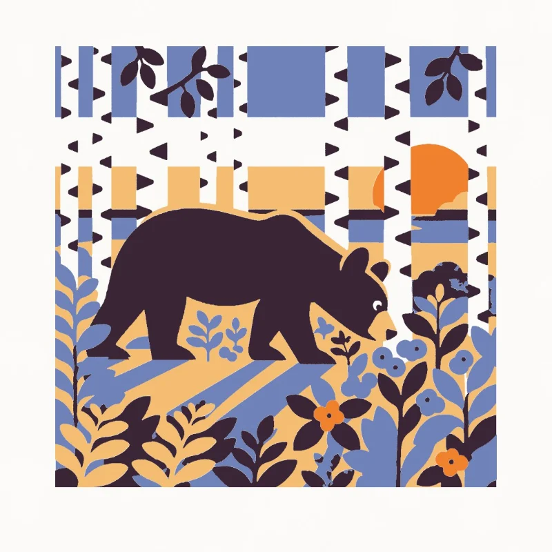 The black bear at golden hour: walking through a berry patch between birch trunks, an orange sun low behind them.