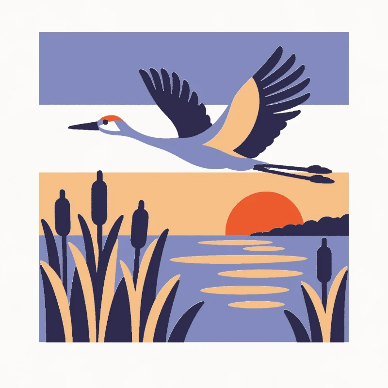 The sandhill crane at sunrise: flying low over cattails, a red-orange sun on a peach horizon and its light on the water.