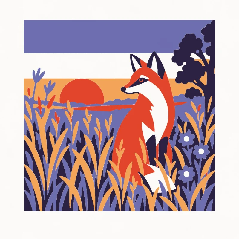 The red fox at sunset: sitting in tall gold grass, a red sun on the horizon and a dark tree behind.