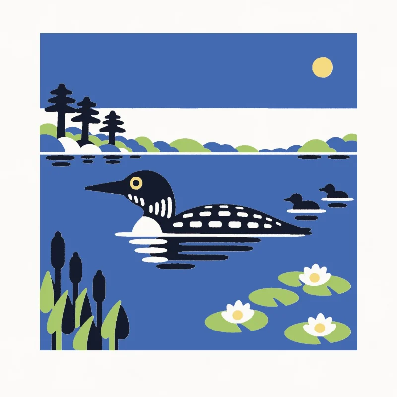 The common loon at noon: on a deep blue lake with two chicks behind her, water lilies in front, pines on the far shore and a small sun high in the corner.