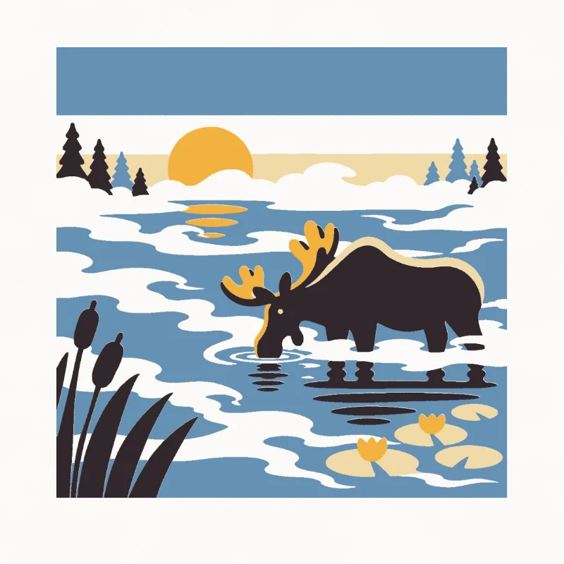 The moose in morning mist: drinking in a pond under pale fog, spruce on the far shore and a gold sun rising.