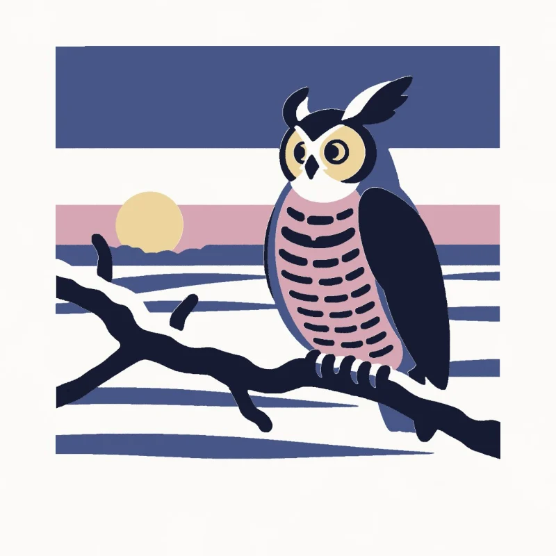 The great horned owl before dawn: perched on a bare branch over snow, a pale moon setting into a pink band at the horizon.
