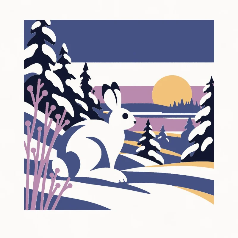 The snowshoe hare at dusk: white on snow between spruce heavy with it, a warm moon rising over a violet band.