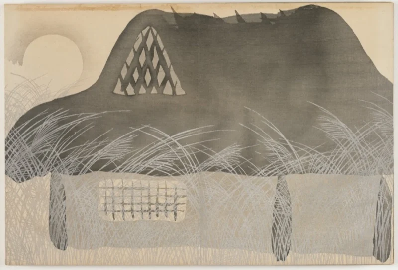 One dark, round mass filling the sheet over pale grasses, with the moon tucked behind it.