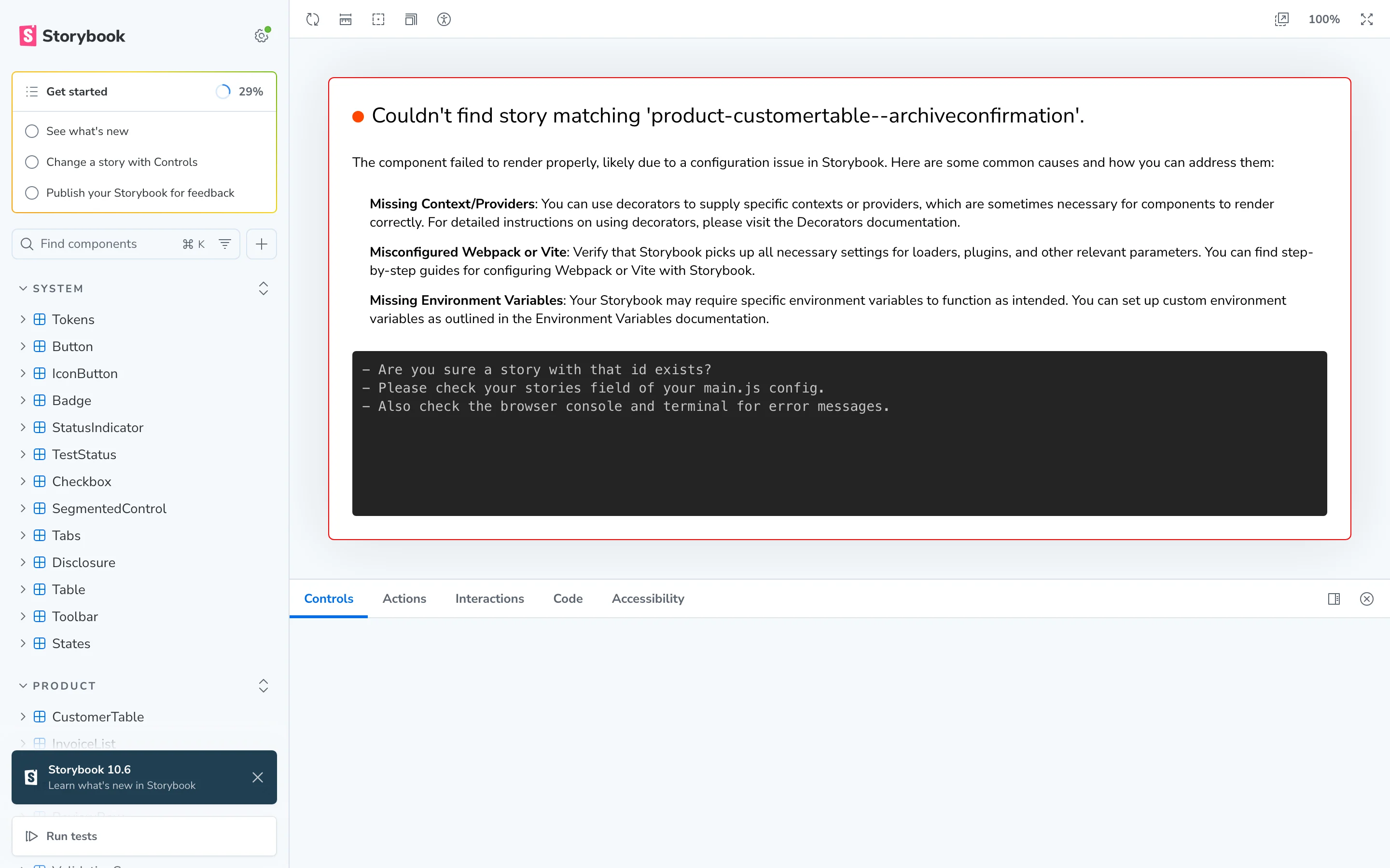 The Storybook, open on Product / CustomerTable / ArchiveConfirmation: the sidebar lists System, Product and Review groups; the canvas shows the customer table with three rows selected and the selection toolbar turned into the question &ldquo;Archive 3 customers?&rdquo; with Cancel and a red Archive 3 customers button; the panel below shows the interaction test&rsquo;s steps passing.