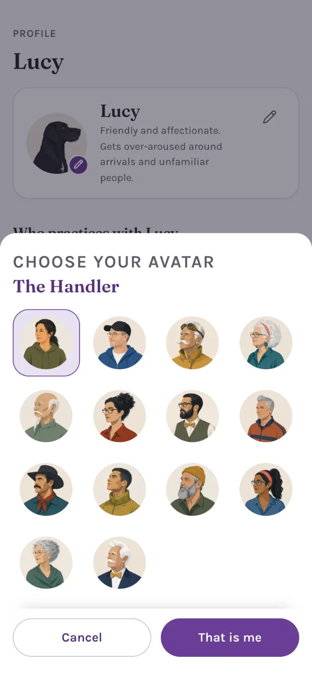 The Choose your avatar sheet on the profile: fourteen drawn portraits of people of different ages in a grid, the handler&rsquo;s selected, with Cancel and That is me buttons.