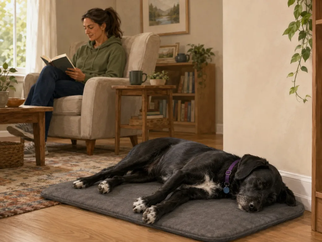 Painted era: a photographic living room in warm lamplight, the handler reading in an armchair, Lucy asleep on a gray mat on a patterned rug, with bookshelves, plants and framed pictures behind them.